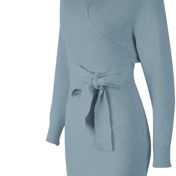 Women's Sexy Cocktail Batwing Long Sleeve Backless Mock Wrap Knit Sweater Dress - Picture 8 of 8